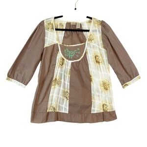 Daytrip Top Women L Brown Floral Patchwork Boho Hippie 70s Retro Granola Cottage